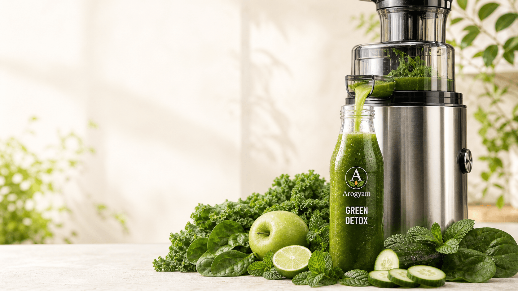 Green juice flowing from a cold press machine into a branded Arogyam bottle